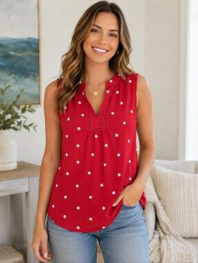 LOFT Red Sleeveless Polka Dot Top